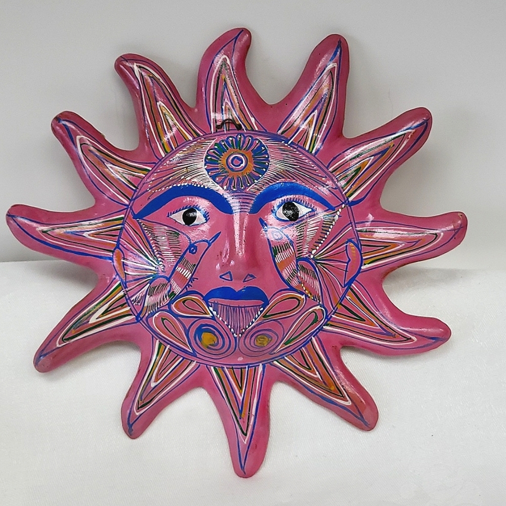 Talavera  9.5” hand-made and painted redware  sun face wall plaque
